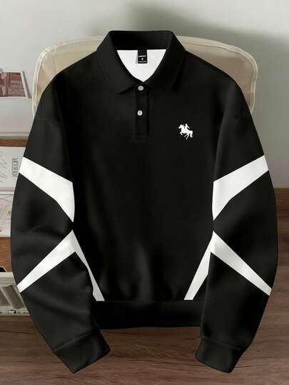 Manfinity Joysei 男士黑白印花纽扣领套头卫衣，适合秋冬季穿着