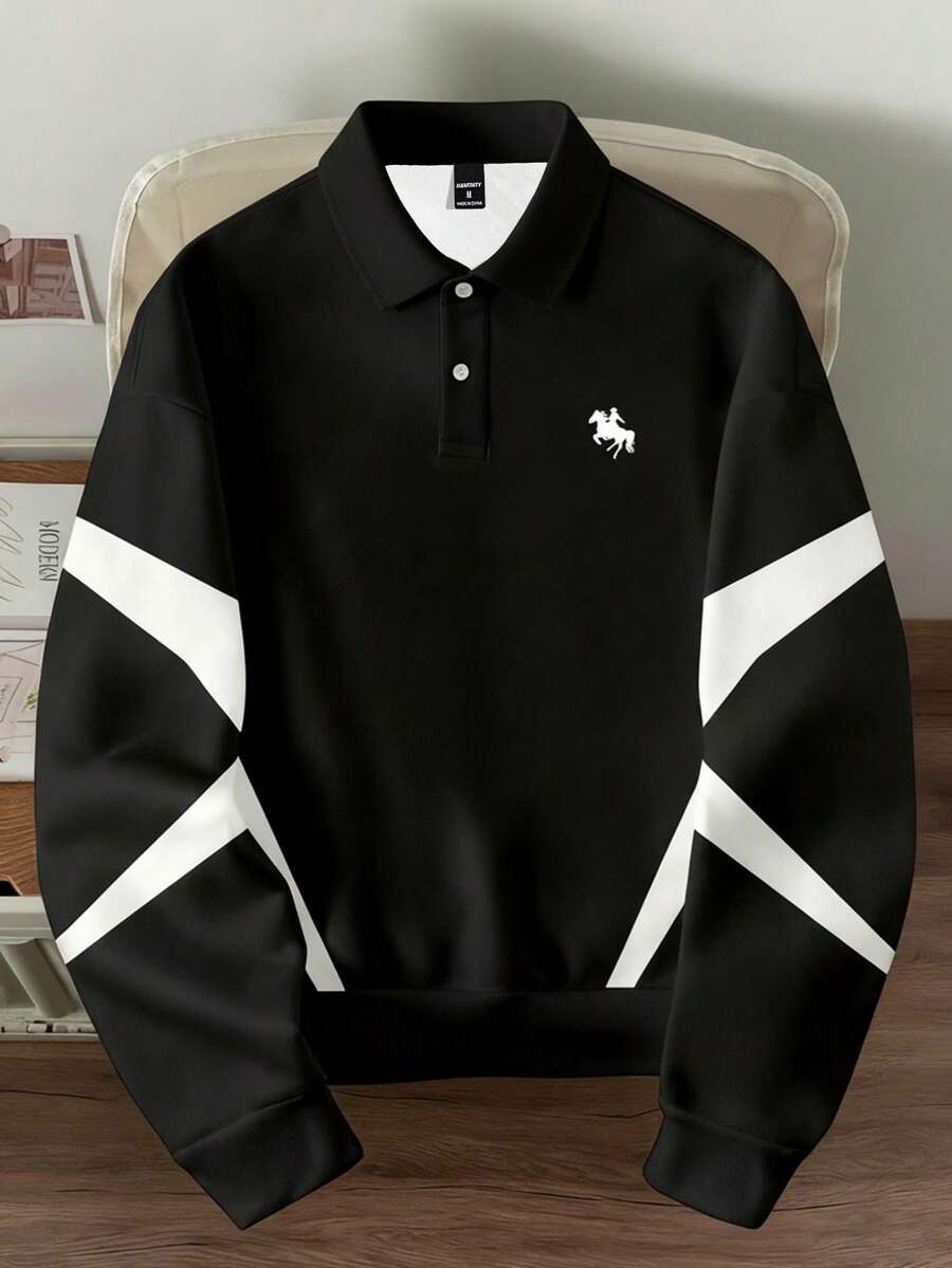 Manfinity Joysei 男士黑白印花纽扣领套头卫衣，适合秋冬季穿着 - 黑色 - 查看 1