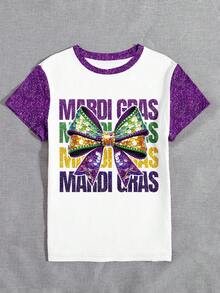 EMERY ROSE 女士狂欢节闪亮蝴蝶结撞色标语图案圆领舒适休闲短袖T恤，适合日常和节日穿着 - 彩色 - 查看 5