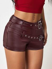 Jeanoix Women's Low Waist Double Belt Faux Leather Coated Shorts - Burgundy - View 4