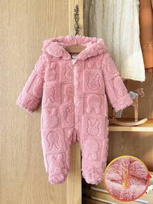 SHEIN Vintaside Kids Newborn Simple Stylish Cute Polka Dot Long Sleeve Hooded Fleece Romper Pajamas - Pink - View 3