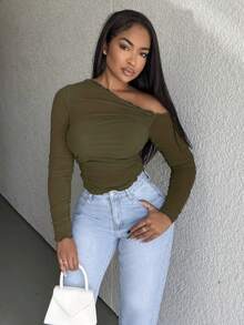 Alexandranx 1 件女式纯色不对称垂褶透视修身长袖上衣 - 軍綠色 - 查看 1