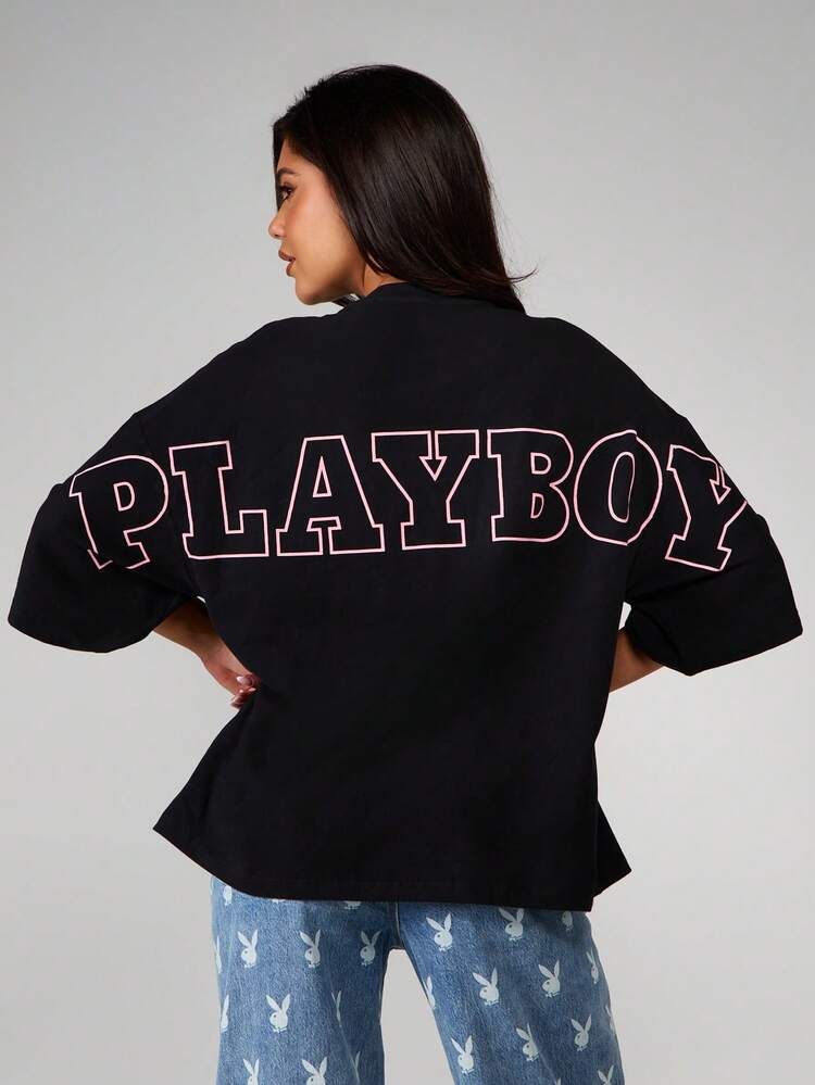 Missguided x Playboy Oversized Graphic Tee With Large Outline Logo Back Print And Small Front Chest Logo Design Short Sleeve Cotton Blend Casual Top