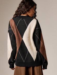 AiiRZ Argyle Diamond Pattern Knit Sweater Long Sleeve Crew Neck Pullover Fall Winter Cozy Chunky Knit Top - Multicolor - View 2