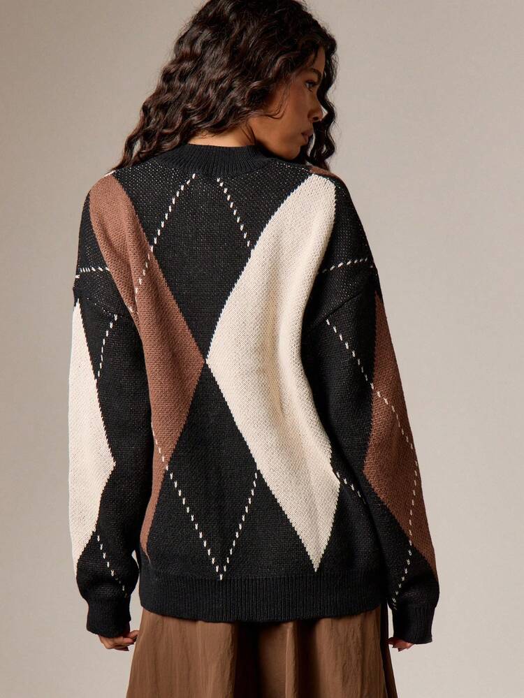 AiiRZ Argyle Diamond Pattern Knit Sweater Long Sleeve Crew Neck Pullover Fall Winter Cozy Chunky Knit Top