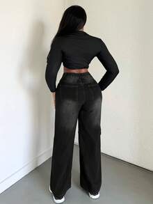 Alexandranx 女式斜襟厚牛仔阔腿裤，蓝色 - 黑色 - 查看 2