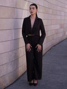 Andrea Bello Bộ vest vest công sở đơn giản, rộng rãi, phong cách cổ điển, chất liệu vải chiffon và quần ống rộng - Cà phê nâu - Xem 6