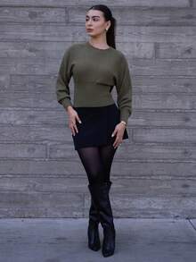 Andrea Bello Casual Round Neck Drawstring Waist Slim Fit Solid Color Knit Sweater, Versatile For Autumn/Winter - Green - View 3