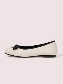 CUCCOO DOLLMOD Women's Square Toe Flat Shoes With Letter Rhinestone Bow, Comfortable Ladies Shoes - Apricot - View 7