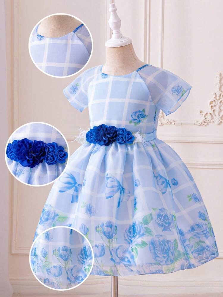 Young Girls' Spring Floral Print Short Sleeve Dress, Suitable For Vacation, Birthday Party, Wedding Flower Girl