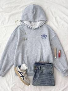 SHEIN 青少年女孩灰色休闲连帽运动衫，带口袋，十字设计，百搭长袖套头衫，秋冬装 FoGirlen - 灰色 - 查看 2