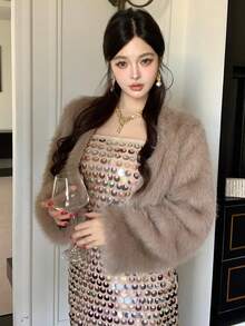 DAZY 女士时尚复古风纯色毛绒短外套，秋冬女式外套 - 灰色 - 查看 5