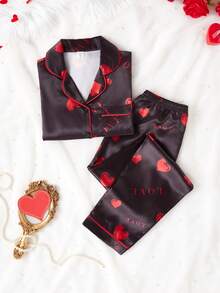 Girls' Heart & Love Print Faux Silk Pajama Set - Black - View 3