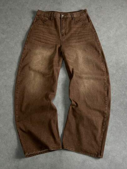 Manfinity ZONE917 复古 Y2K 街头风宽松棕色水洗休闲筒状牛仔裤（男士款）