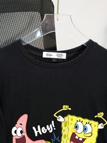 SpongeBob SquarePants | SHEIN 女士休闲宽松圆领短袖黑色T恤，带有可爱卡通和字母印花，夏季 - 黑色 - 查看 4