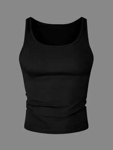 Manfinity Dauomo Áo ba lỗ màu đen đơn sắc ôm vừa vặn, dáng ôm, thường ngày có gân cho nam - màu đen - Xem 3