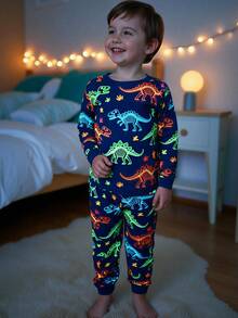 Snug Fit Young Boys Pajamas-2 Piece Pajama Set Navy Neon Dinosaur Print Round Neck Long Sleeve Top Long Pants Sleepwear Cozy Stretchy Elastic Waist Four Season 2026 New Year Holiday Essential Bedtime Gift Playful Cartoon Glow Nighttime Comfortable This Product Requires UV Light Exposure To Glow