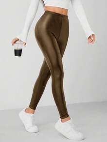 SHEIN PETITE Quần legging co giãn cao bằng da PU dành cho nữ - Cà phê nâu - Xem 1