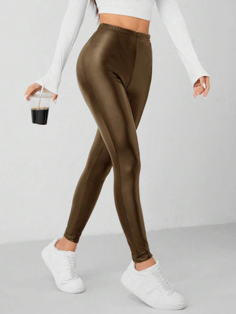 SHEIN PETITE Quần legging co giãn cao bằng da PU dành cho nữ - Cà phê nâu - Xem 1