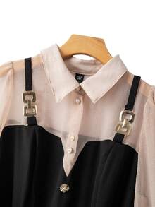 GlowEve CURVE 大码女式透视撞色翻领系腰长袖优雅百搭中长连衣裙 - 杏色 - 查看 4