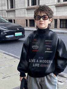 SHEIN 男童休闲韩版字母印花袖带圆领套头针织卫衣 - 黑色 - 查看 1