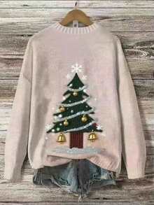 GlowEve Christmas Tree & Bell Pattern Loose Fit Fashionable Versatile Women Sweater - Multicolor - View 2
