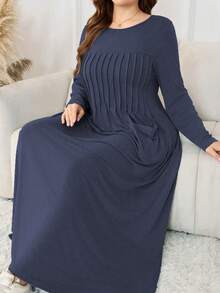 Lacomfia Knitted Stretchy Hazy Blue Long Sleeve Pleated Pocket Minimalist Casual Loose Soft Plus Size Dress For Women - Navy Blue - View 3