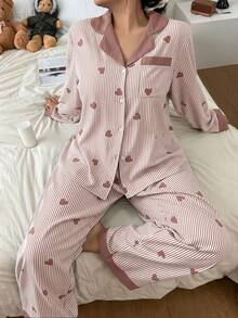 SHEIN 大码撞色领荷叶边爱心条纹长袖修身睡衣套装，女士冬季服装 - 彩色 - 查看 3