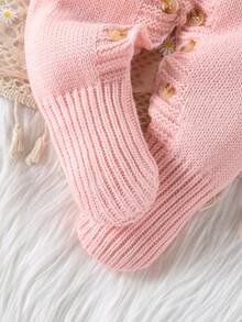 SHEIN 女婴花卉刺绣针织连体衣，长袖毛衣连身裤，荷叶边袖口，秋冬季穿着舒适，适合日常穿着、外出、旅行、新生儿和托儿所。 - 粉色 - 查看 6