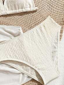 SHEIN New Fashionable Teen Girl Beige Special Fabric Halter Bikini Set With Cover-Up And Mini Skirt