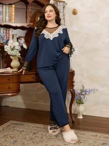 Côtesoire Plus Size Elegant French Lace Patchwork Polka Dot Mesh Long Sleeve Sleepwear Set - Navy Blue - View 5