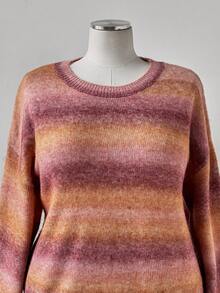 Sunspun Plus Size Women Ombre Striped Long Sleeve Pullover Sweater, Street Fashion, Autumn/Winter - Orange - View 4