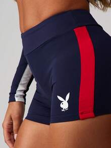 Missguided x Playboy 高腰运动骑行短裤，侧边撞色条纹，饰有兔子标志 - 彩色 - 查看 4