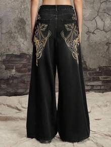ROMWE Grunge Punk Punk Distressed Cross & Vine Washed Oversized Straight Leg Extra Long Jeans - Black - View 6