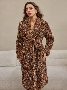 HautHeat 女士豹纹长袖蓬松宽松睡袍，冬季 - 咖啡棕 - 查看 5