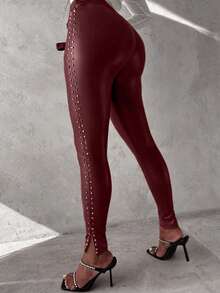 INAWLY Plus Size Black Rivet Slit Faux Leather Leggings - Burgundy - View 2