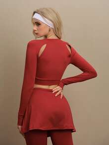SHEIN Unity 女士休闲拉链镂空设计长袖运动T恤 - 紅色 - 查看 2