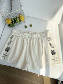 Comfortcana Quần short rộng rãi in họa tiết lưng thun cỡ lớn, mùa xuân/hè - Màu be - Xem 7