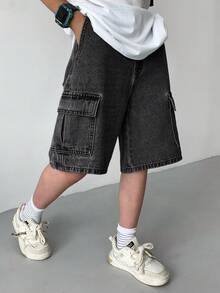 SHEIN Tween Boy Casual Washed Wide Leg Cargo Denim Shorts