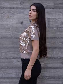 Andrea Bello FASHIONABLE VERSATILE SEQUIN EMBELLISHED SHORT SLEEVE PULLOVER KNIT SWEATER KNIT PULLOVER FALL WINTER - Khaki - View 5