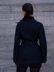 Andrea Bello Höst & Vinter Dam Svart Blå Jeansjacka Jul Nyår Fest Damkappa Svart Blå Kappa Helg Nyår Lös Kappa Långärmad Kappa Nyårsafton Nyår Julfest Dam Denim Helg Dam Helg Jul Y2k Lös Krage Retro Festkläder Blå Tvättad Med Fickor Gatustil Bälte Elegant Vardagskläder Casual Jeansjacka - Marinblå - Visa 2