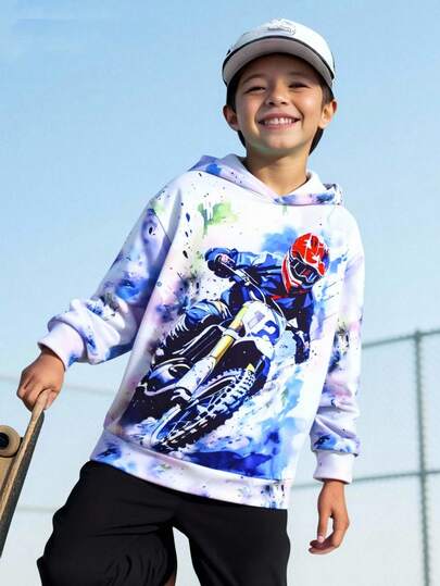 Fantacosmos Tween Boy 酷炫摩托车印花休闲舒适百搭连帽衫运动衫，适合春、秋、冬