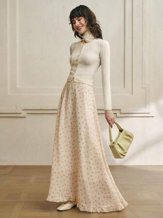 Cévolie Snygg blommig romantisk kjol med volanger