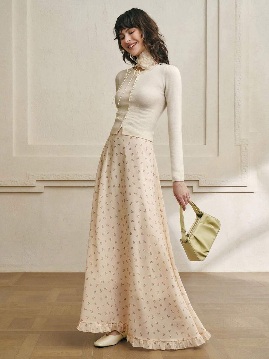 Cévolie Chân váy xếp nếp lãng mạn họa tiết hoa nhỏ xinh