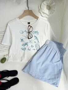 Comfortcana Plus Size Women's Starfish Print Short Sleeve T-Shirt And Striped Shorts Set, Summer,2 Pieces Summer OutfitSummer Outfits For Women 2 Pieces Sets Woman - Blue and White - View 5