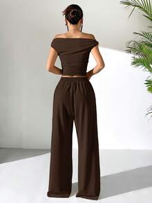 SHEIN EZwear 女士不对称肩部上衣和长裤套装，夏季 - 棕色 - 查看 2