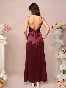 Pitira Pitira Vestido de dama de honor de satén con tirantes de espagueti, bajo plisado y abertura lateral para adolescentes y niñas, elegante vestido formal para baile de graduación, cena, Navidad, Día de San Valentín - Burdeos - Ver 2