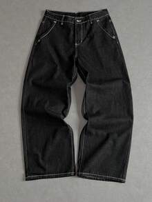 Manfinity ZONE917 Manfinity Streetrush Men's Letter Print Pocket Loose Wide Leg Casual Jeans Street Hang Out Going Out College - Black - View 4