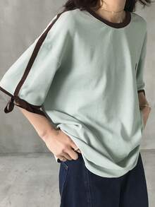 FRIFUL Women's Loose Fit Contrast Color Sporty Biker Style Bow Tie T-Shirt - Blue - View 5