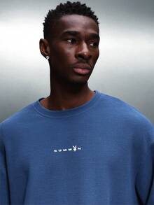 PLAYBOY X SUMWON Regular Fit Waffle Knit Long Sleeve Tee With Bunny Back Print And Follow The Rabbit Slogan Text - Blue - View 3